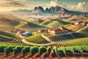 DALL·E 2024-10-14 09.48.05 – A scenic view of the Rioja wine region in Spain, featuring expansive vineyards stretching across rolling hills with the Sierra de Cantabria mountains